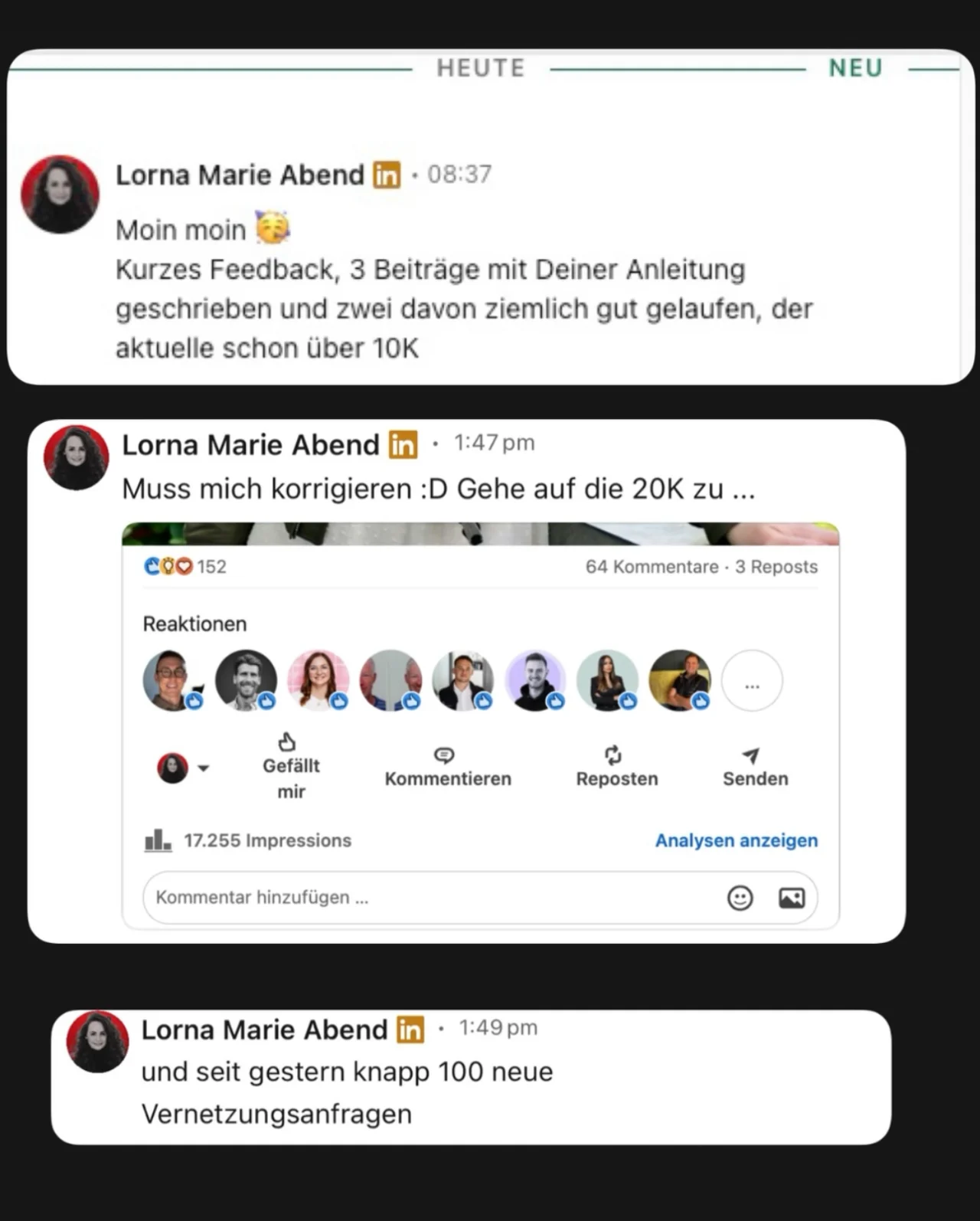 Lornas DM-Feedback: drei Posts mit eigener Content Engine Lite, 17.255 Impressionen, 64 Kommentare, rund 100 neue Vernetzungsanfragen